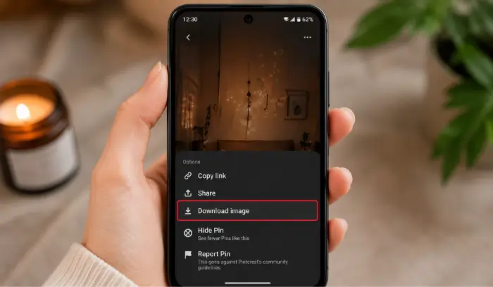 How to Download Pinterest Images on Mobile & Desktop Pinterest download image option highlighted on smartphone screen