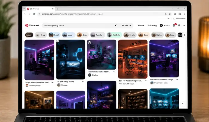 How to Download Pinterest Images on Mobile & Desktop Pinterest search results grid on desktop with gaming setup inspiration
